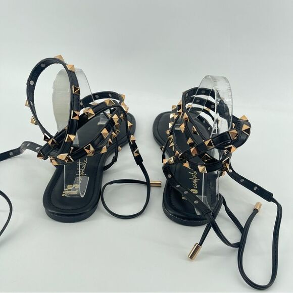 It’s Comfortable Women’s Black Gold Stud Gladiator Wraparound Thong Sandals Sz 9 - Picture 6 of 12